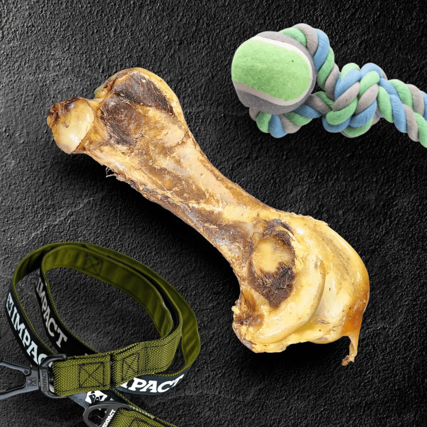 Dog bone, rope toy, and green leash on a dark surface