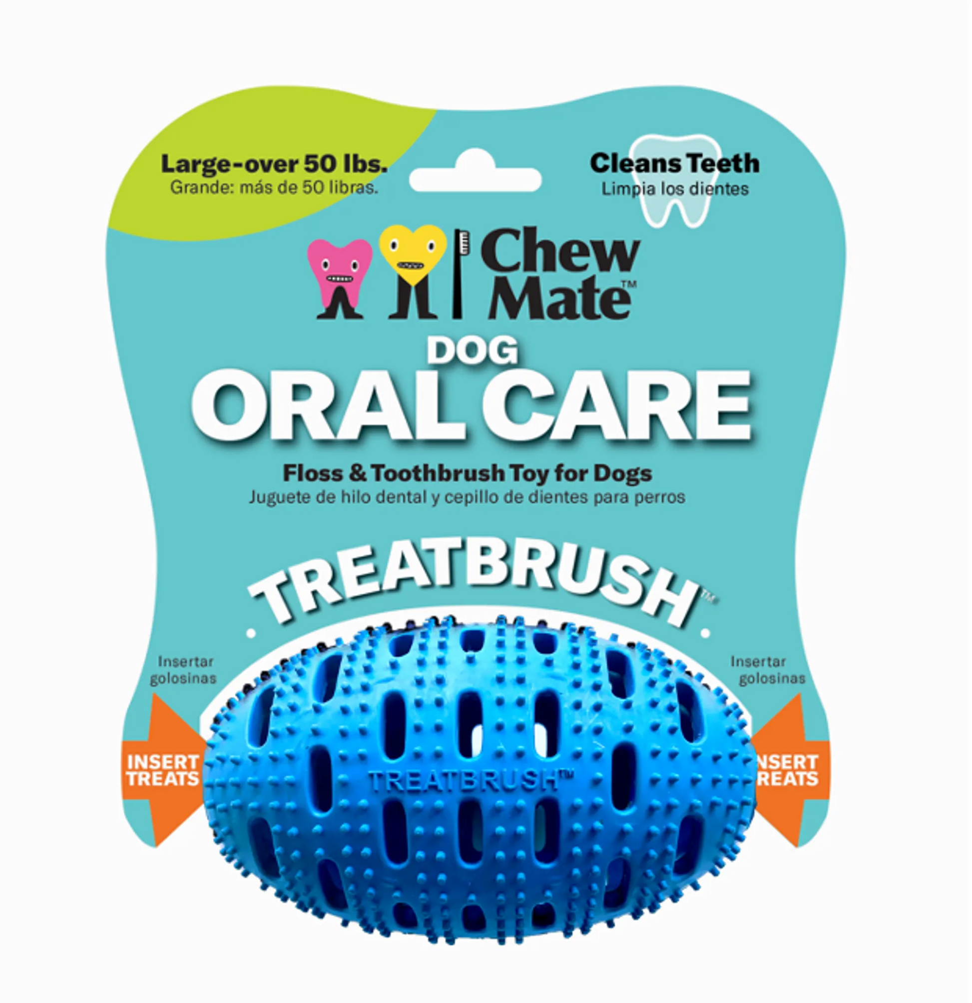 Blue dog oral care treatbrush toy packaging with 'Chew Mate' branding on a white background.