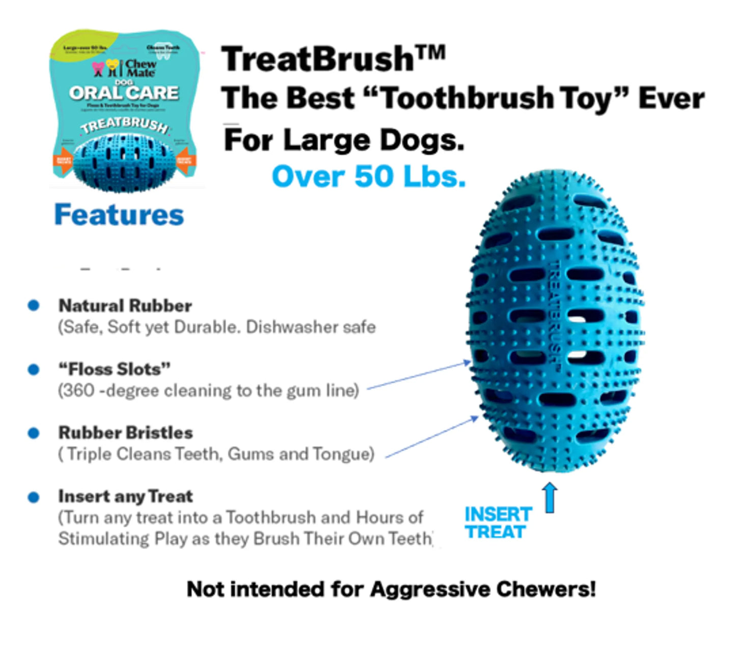 TreatBrush dental toy for large dogs with features listed on a white background