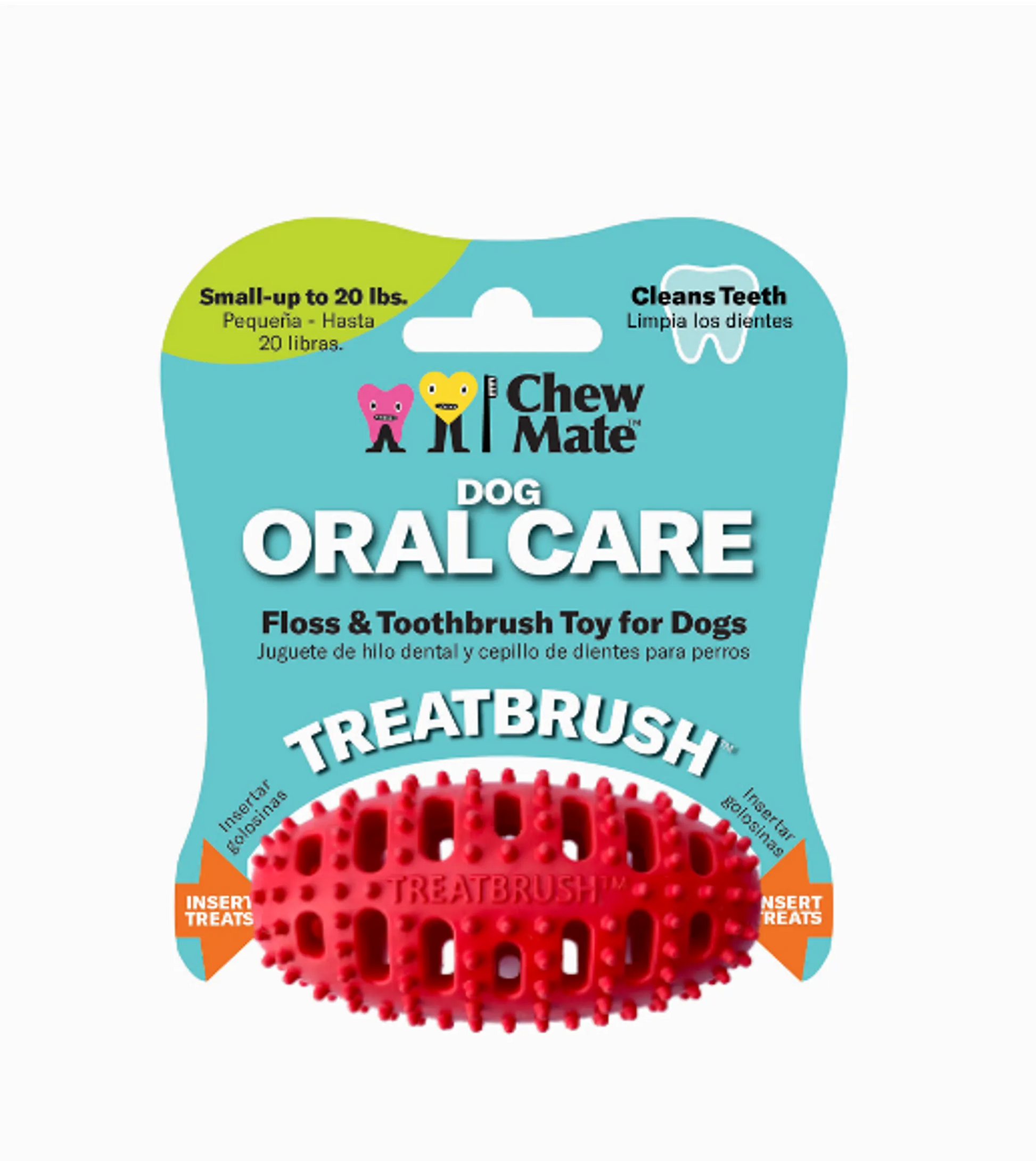 Dog oral care floss and toothbrush toy packaging with red treatbrush on a white background