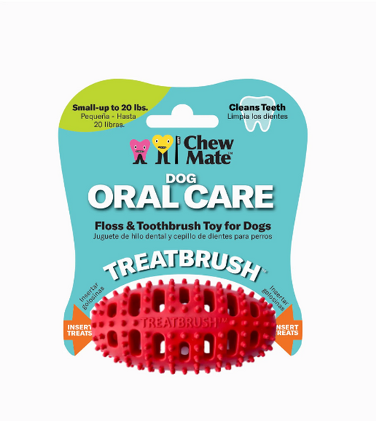 Dog oral care floss and toothbrush toy packaging with red treatbrush on a white background