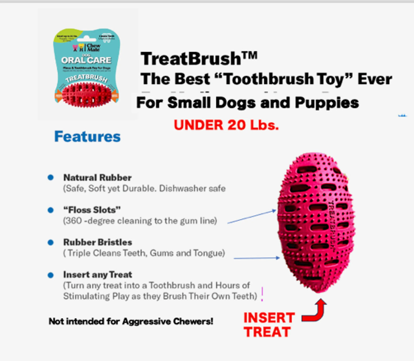 Dog toy with text describing features and usage for small dogs and puppies