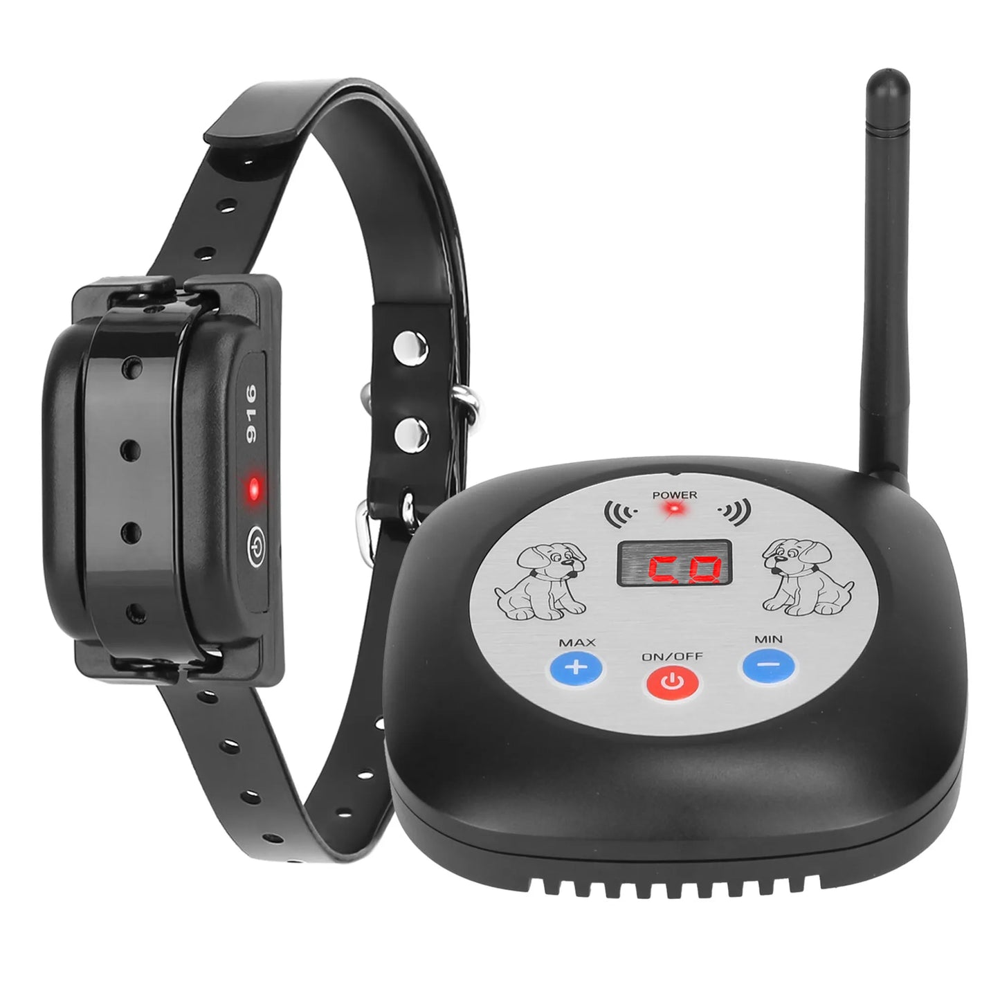 Black electronic dog collar with remote control on a white background