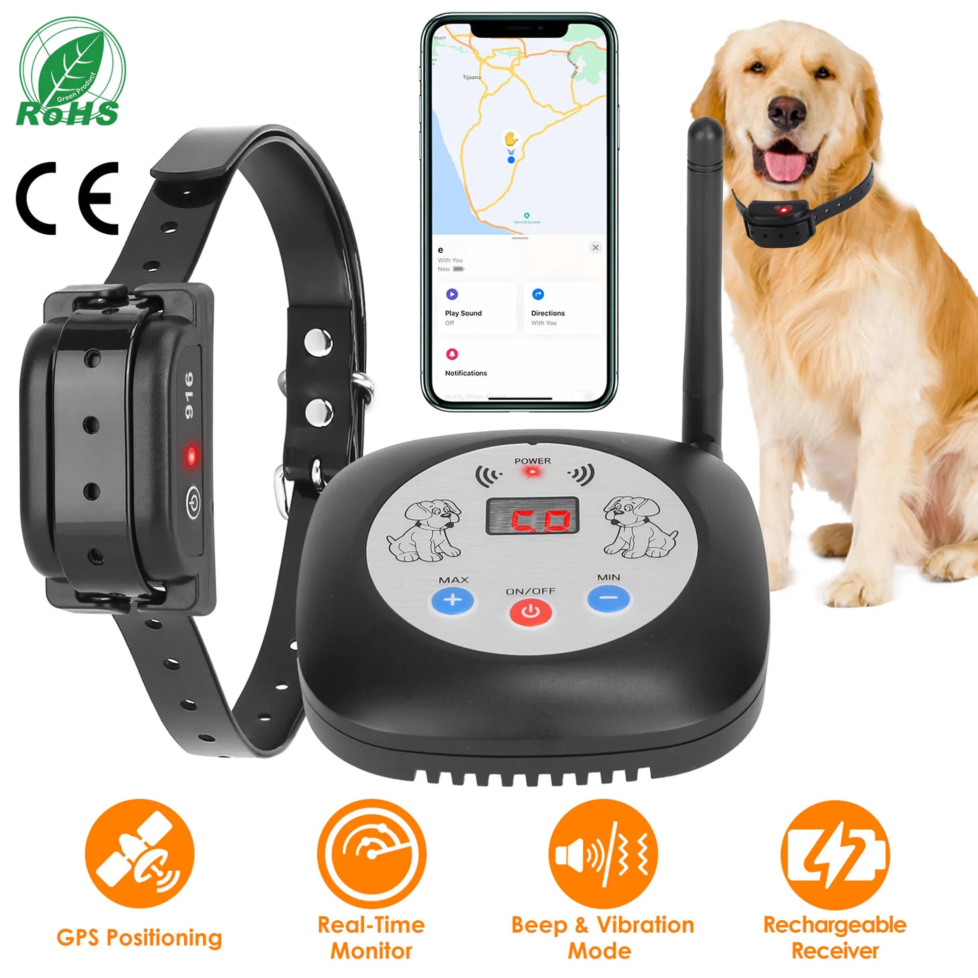 Black electronic dog collar with remote control on a white background with a dog and phone