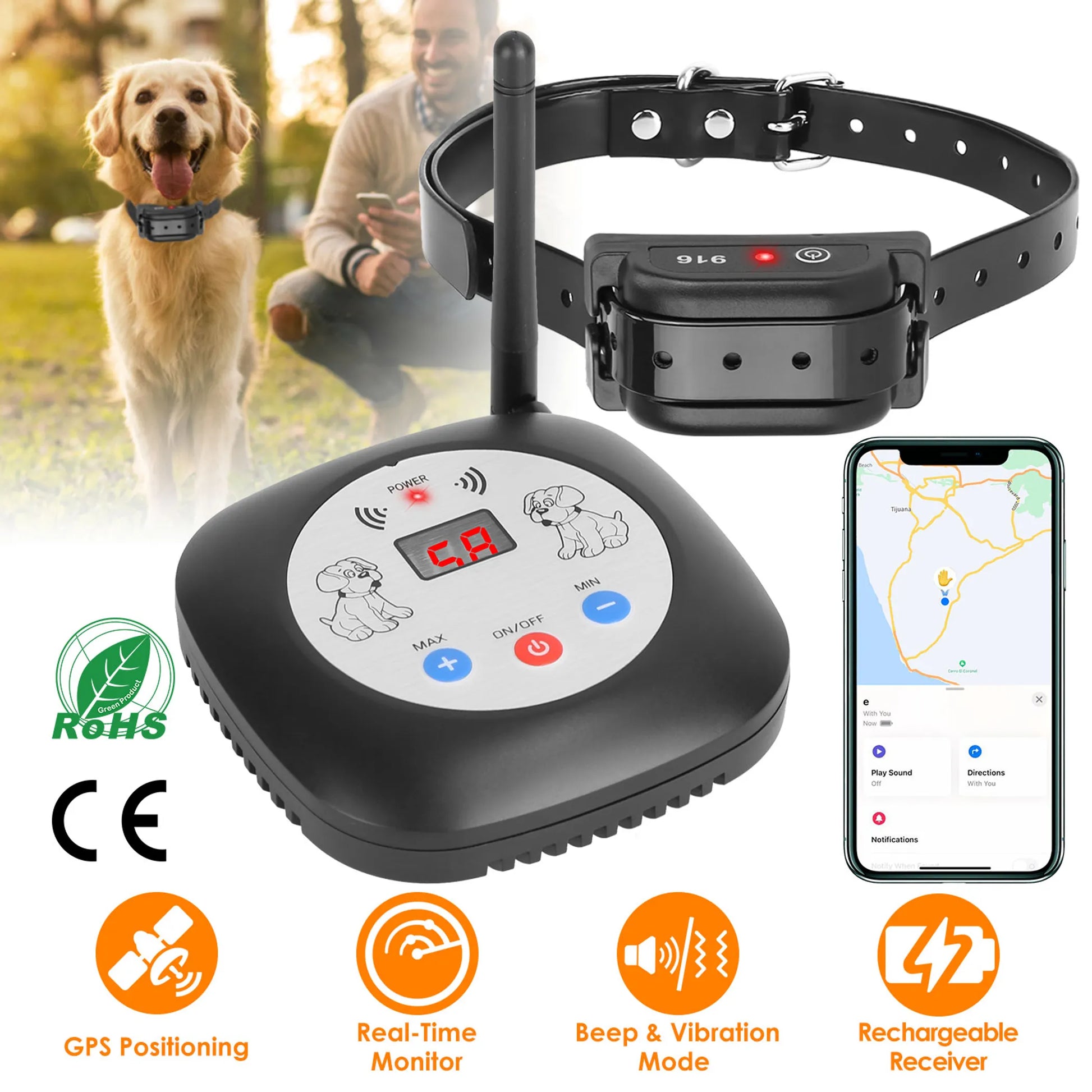 Black electronic dog collar with remote control on a white background with a dog and phone