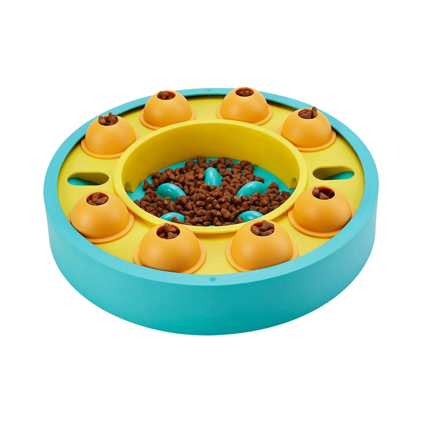 Colorful pet toy with food compartments on a white background