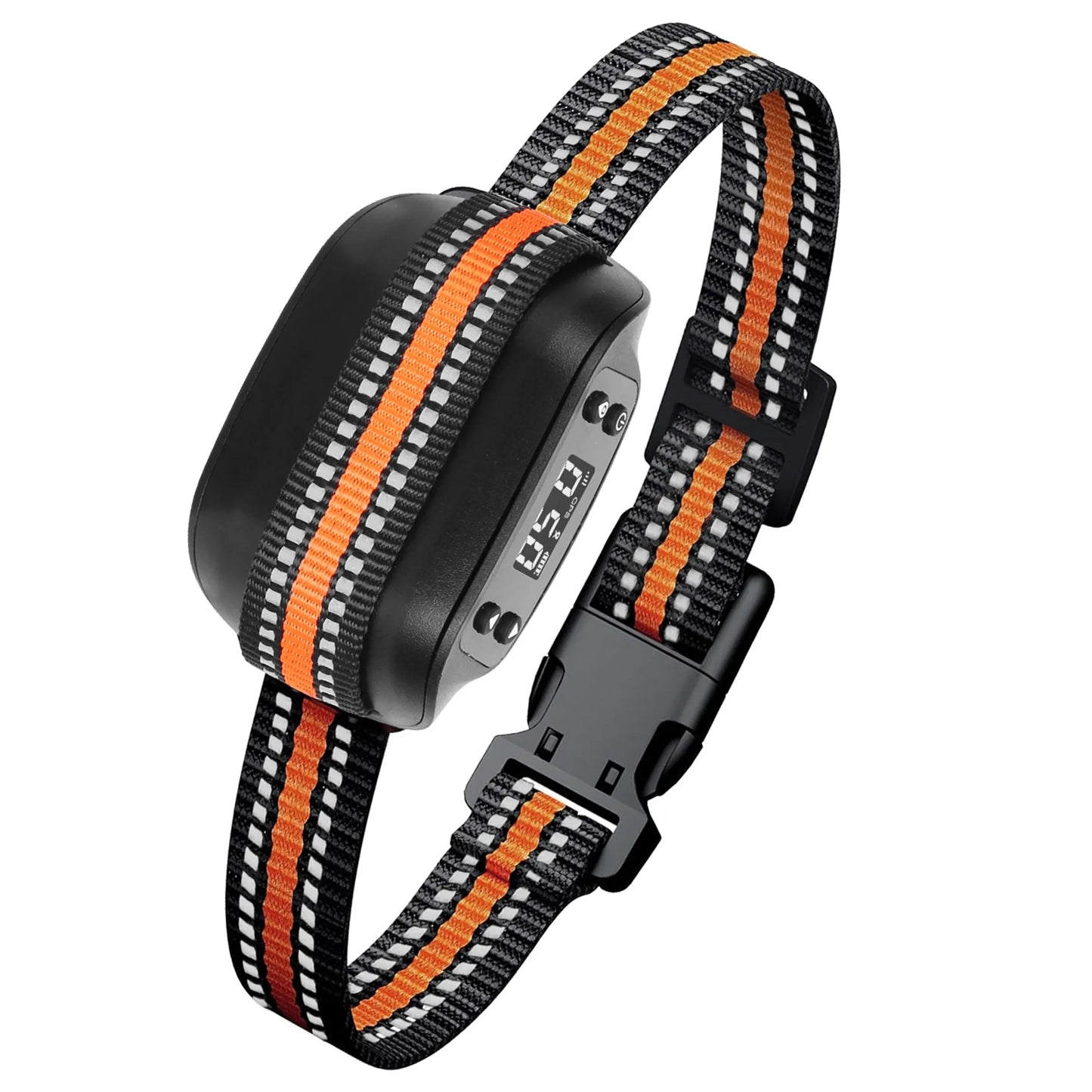 Black electronic device with digital display and labeled components on a strap with a white background