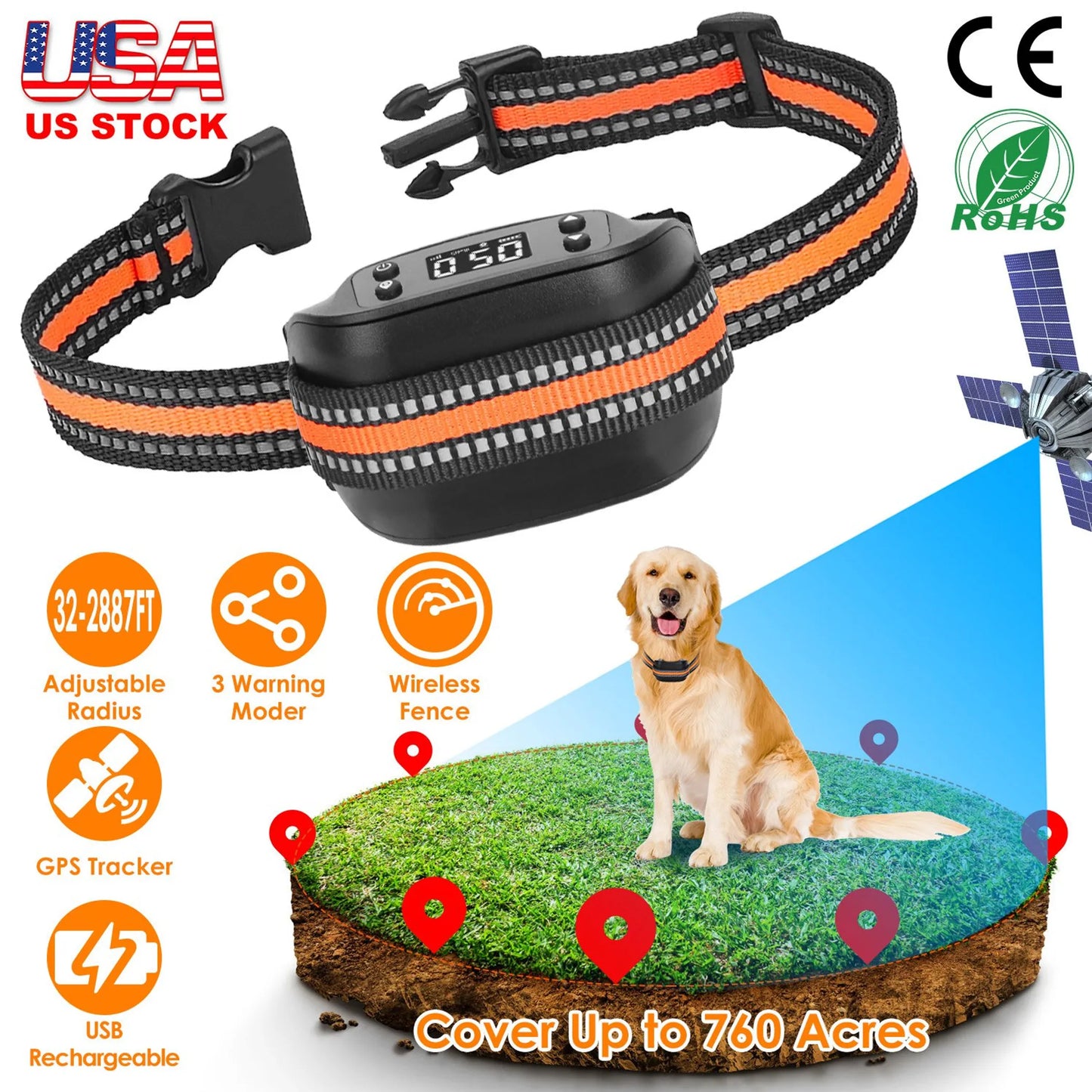 Black electronic device with digital display and labeled components on a strap with a white background and dog on grass