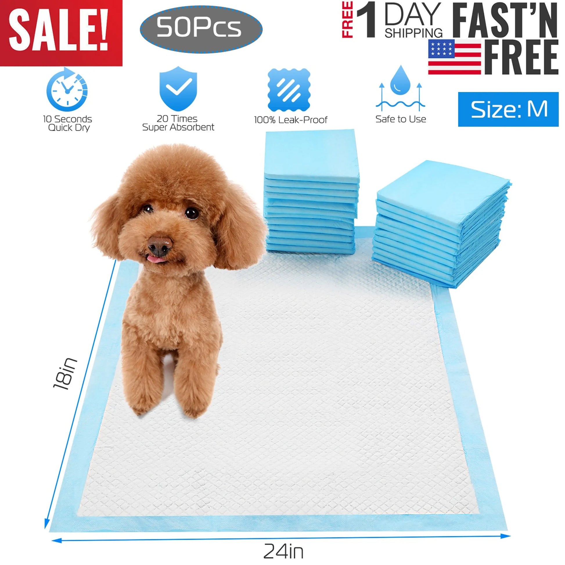 Dog pads with a brown dog, packaging, and promotional text on a white background