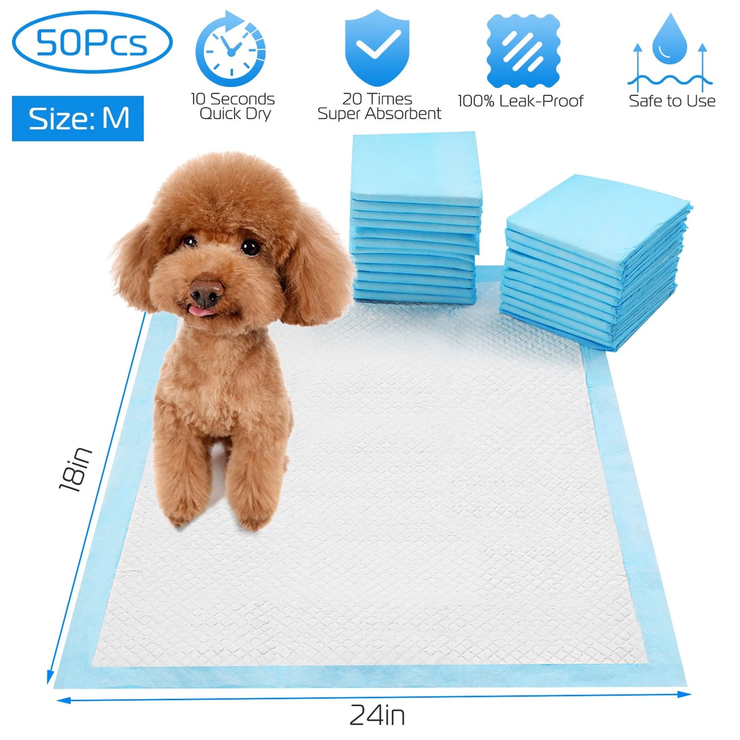 Dog pads with a brown dog, showing features and size on a white background