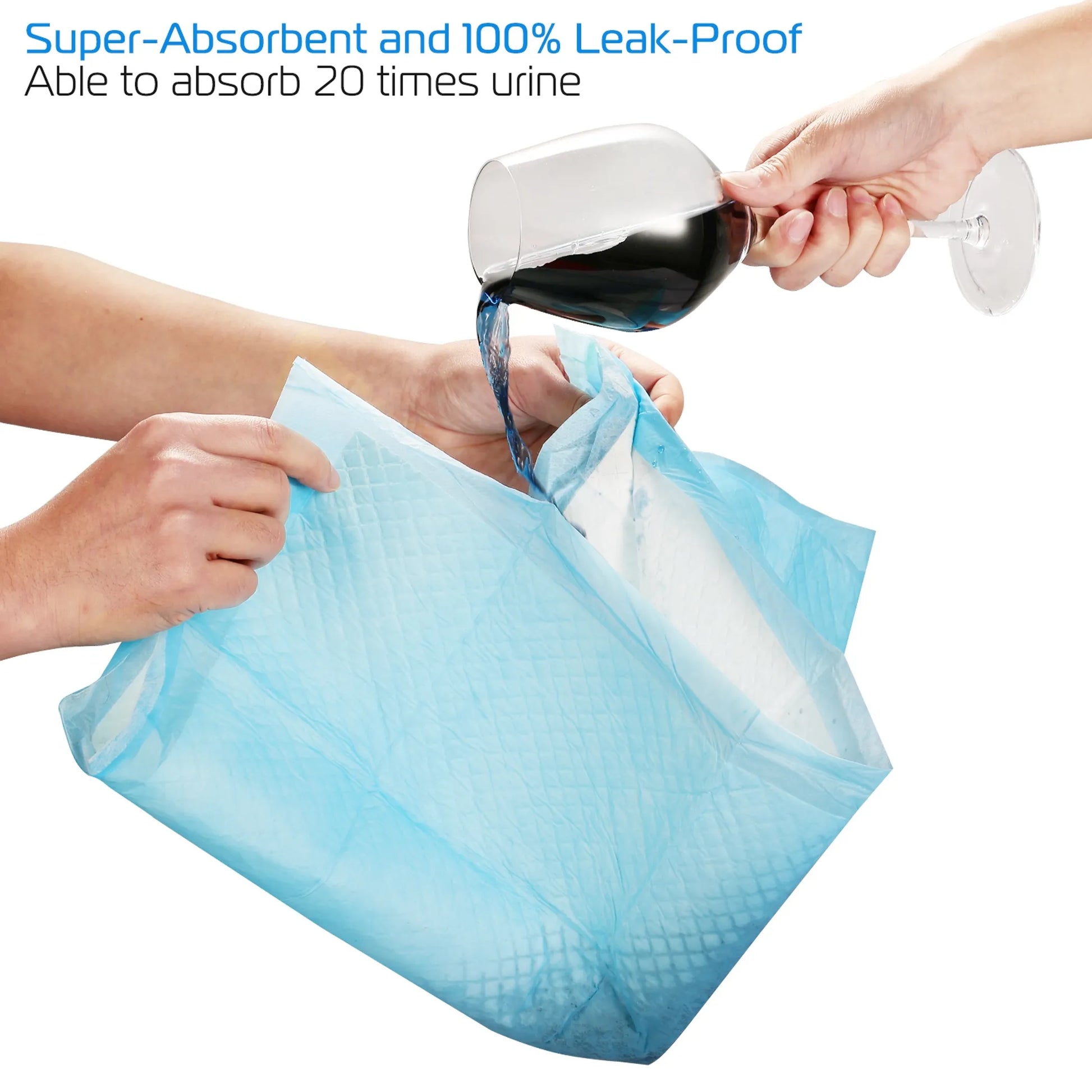 Product demonstrating super-absorbent and leak-proof properties with a person pouring liquid into it.