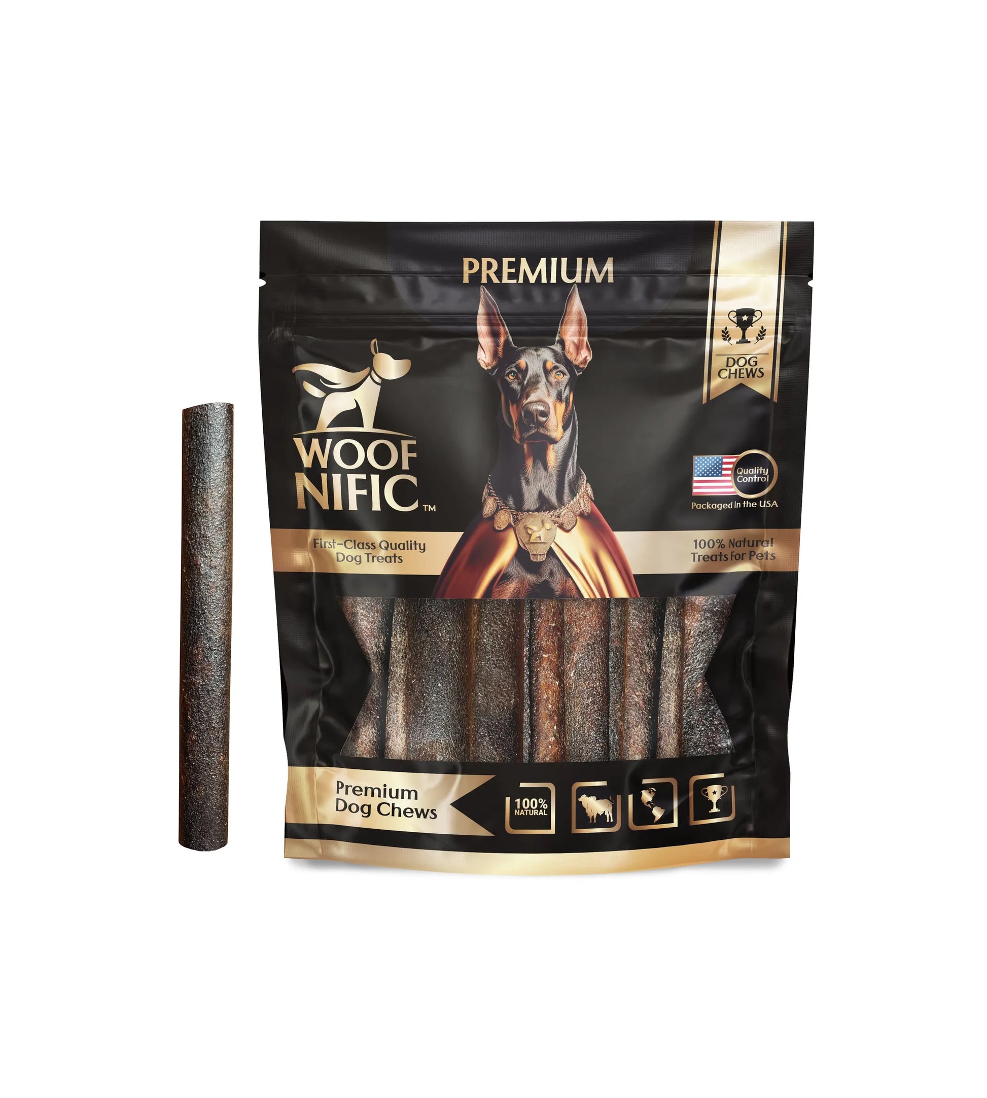 Package of Woof Nific premium dog chews with a dog on the label.