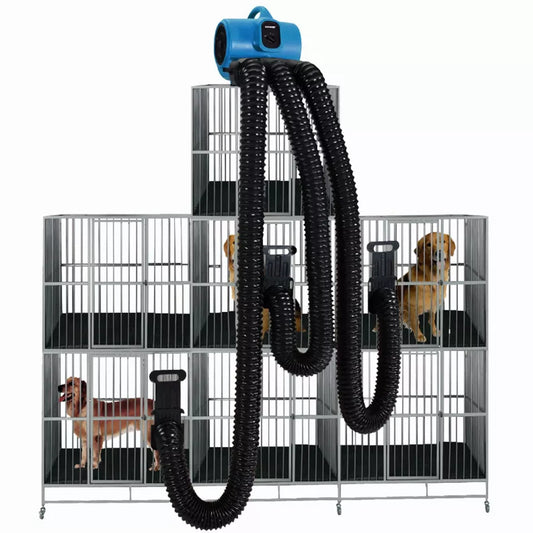 Pet grooming system with ductwork and dogs inside a cage on a white background