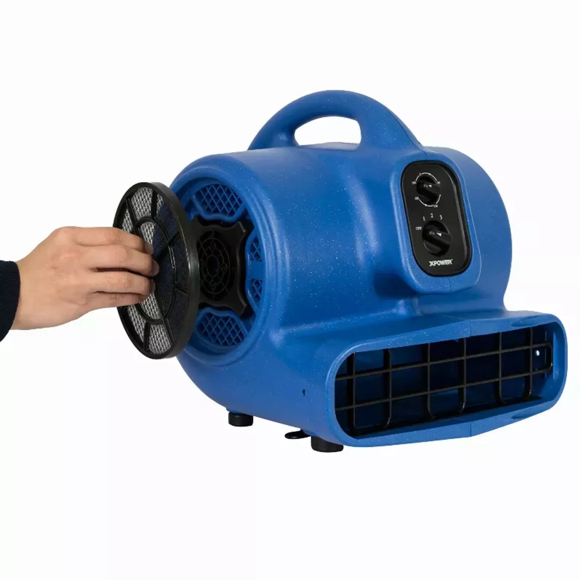 Blue air blower with a hand reaching to open the front cover on a white background