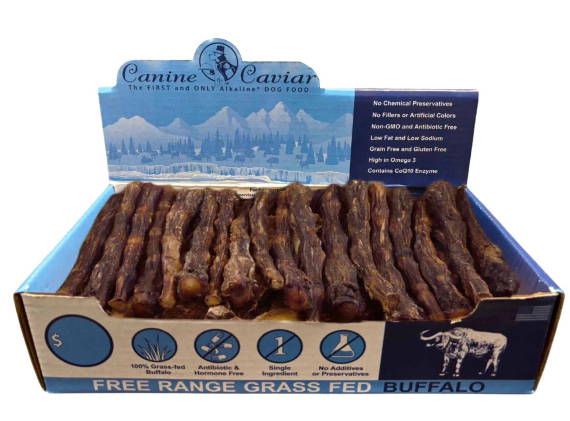 Box of Canine Caviar dog treats with a blue and white design
