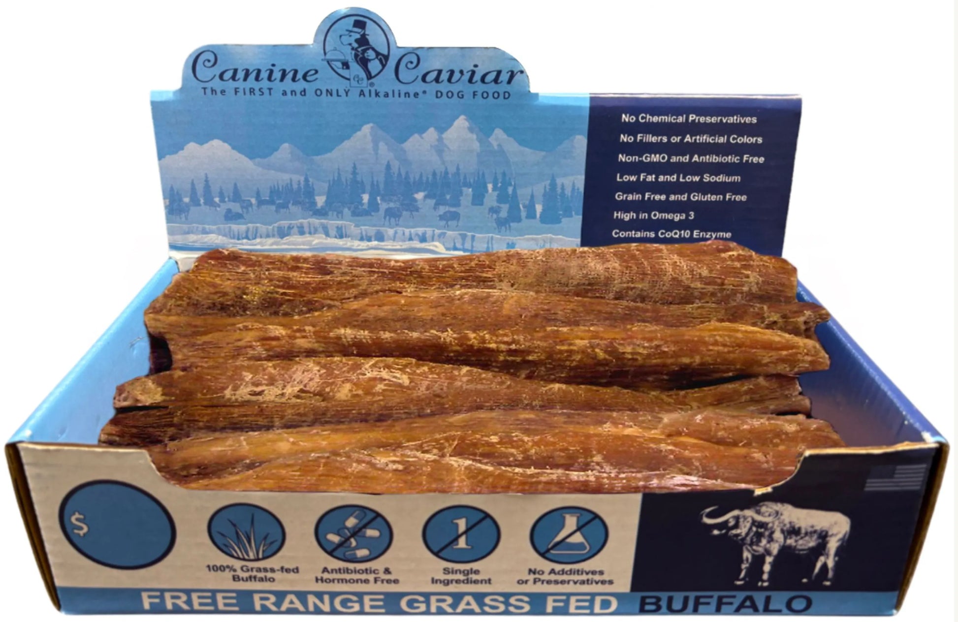 Box of Canine Caviar free range grass fed buffalo dog treats with branding and product details.