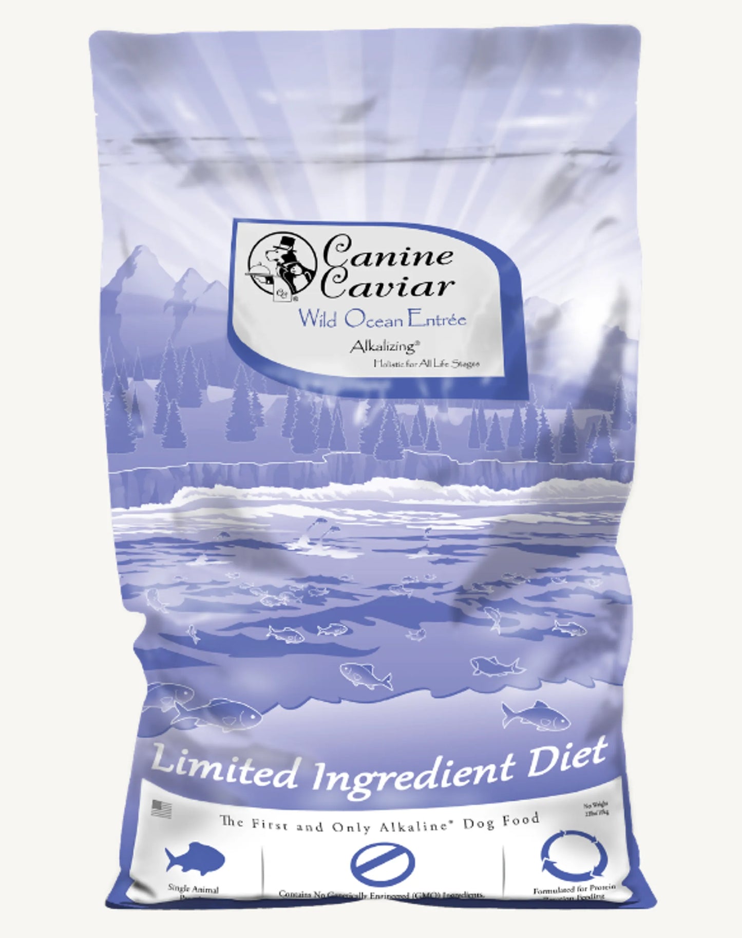 Dog food package with 'Canine Caviar' branding on a white background