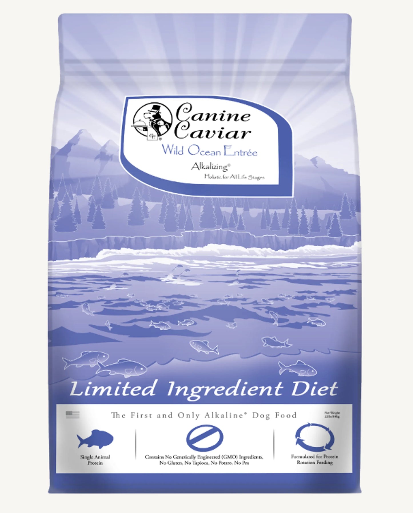 Canine Caviar Limited Ingredient Diet dog food package with a scenic design on a white background