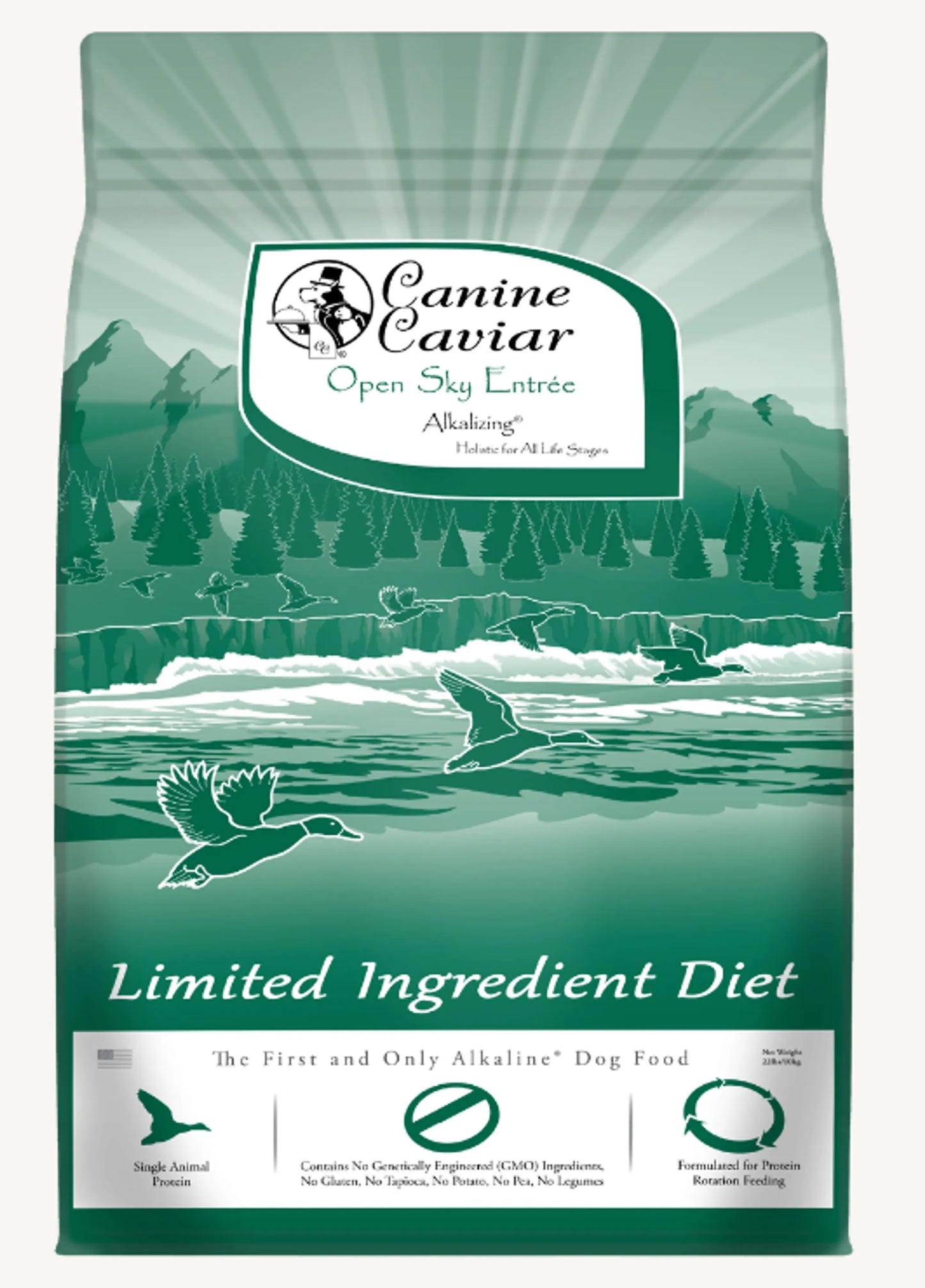 Dog food package with a scenic design and 'Canine Caviar' branding.