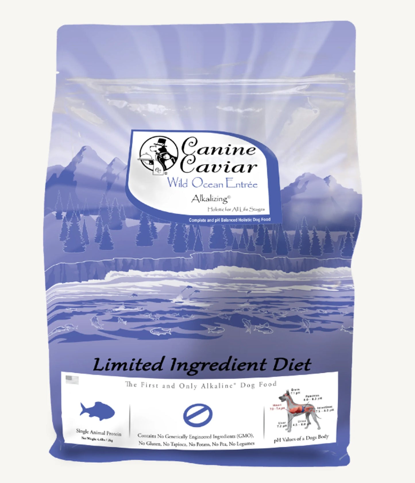 Dog food package with a scenic design and 'Canine Caviar' branding.