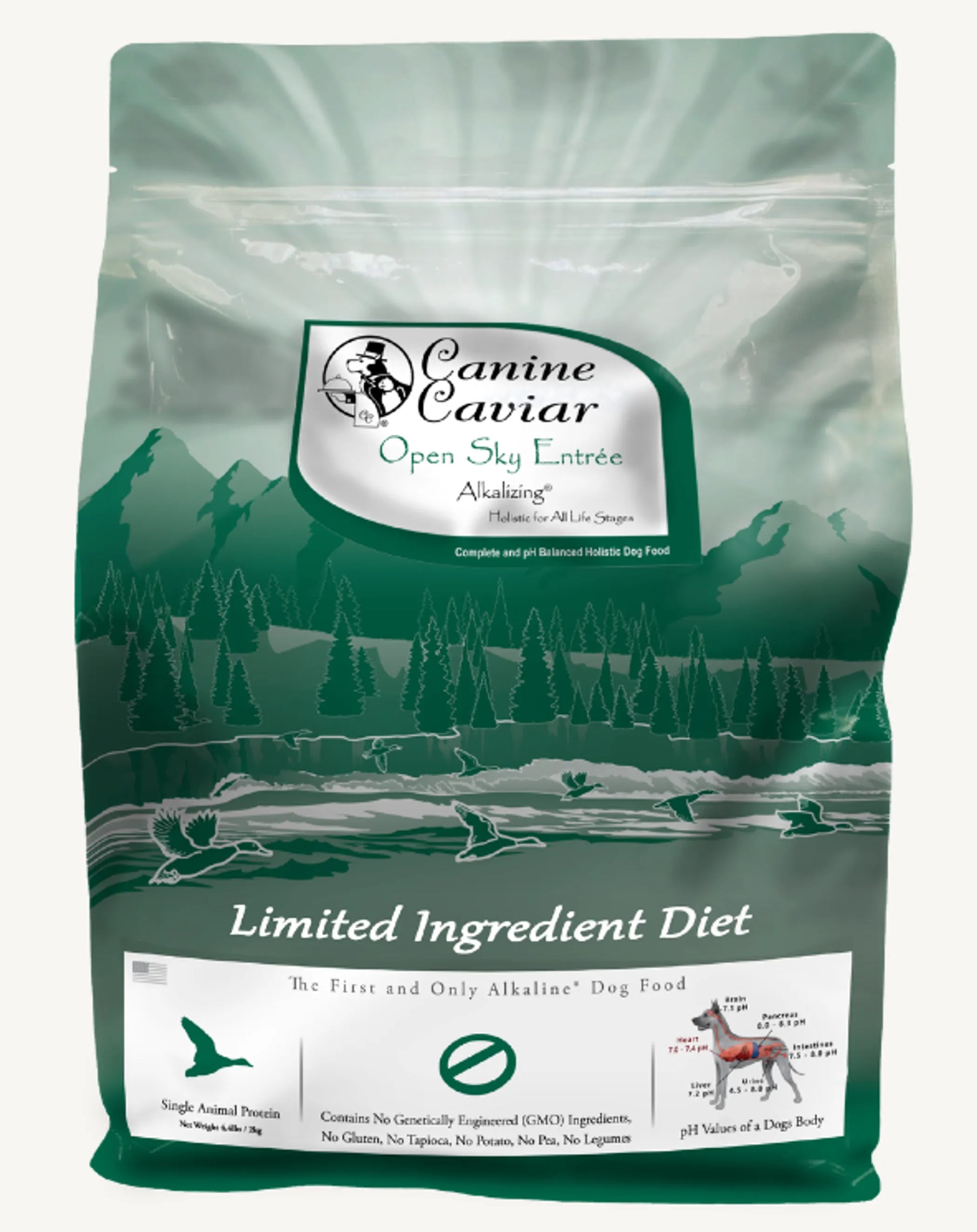 Green bag of Canine Caviar Open Sky Entree dog food with nature-themed design