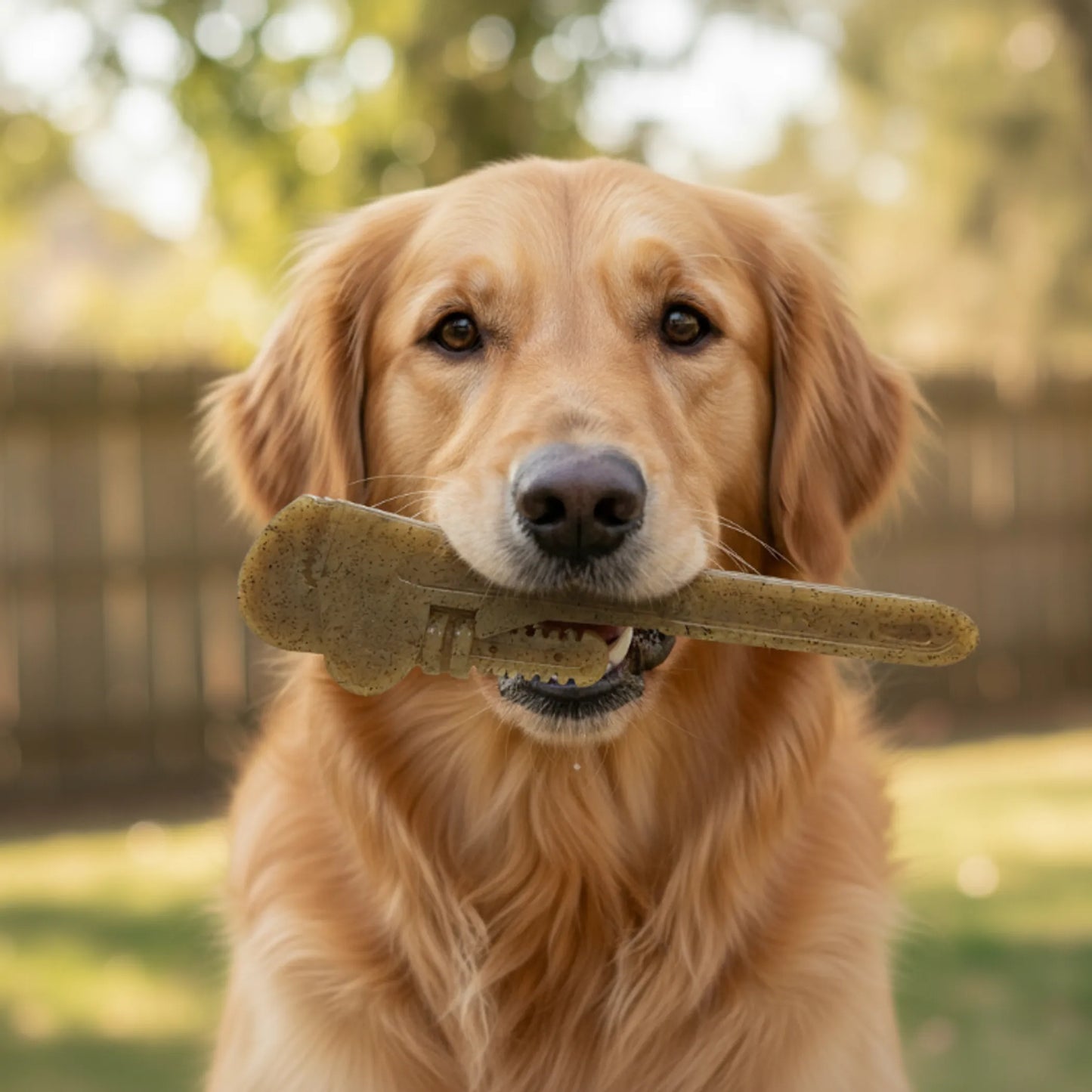 Dog holding a bone-shaped chew toy in its mouth outdoors.