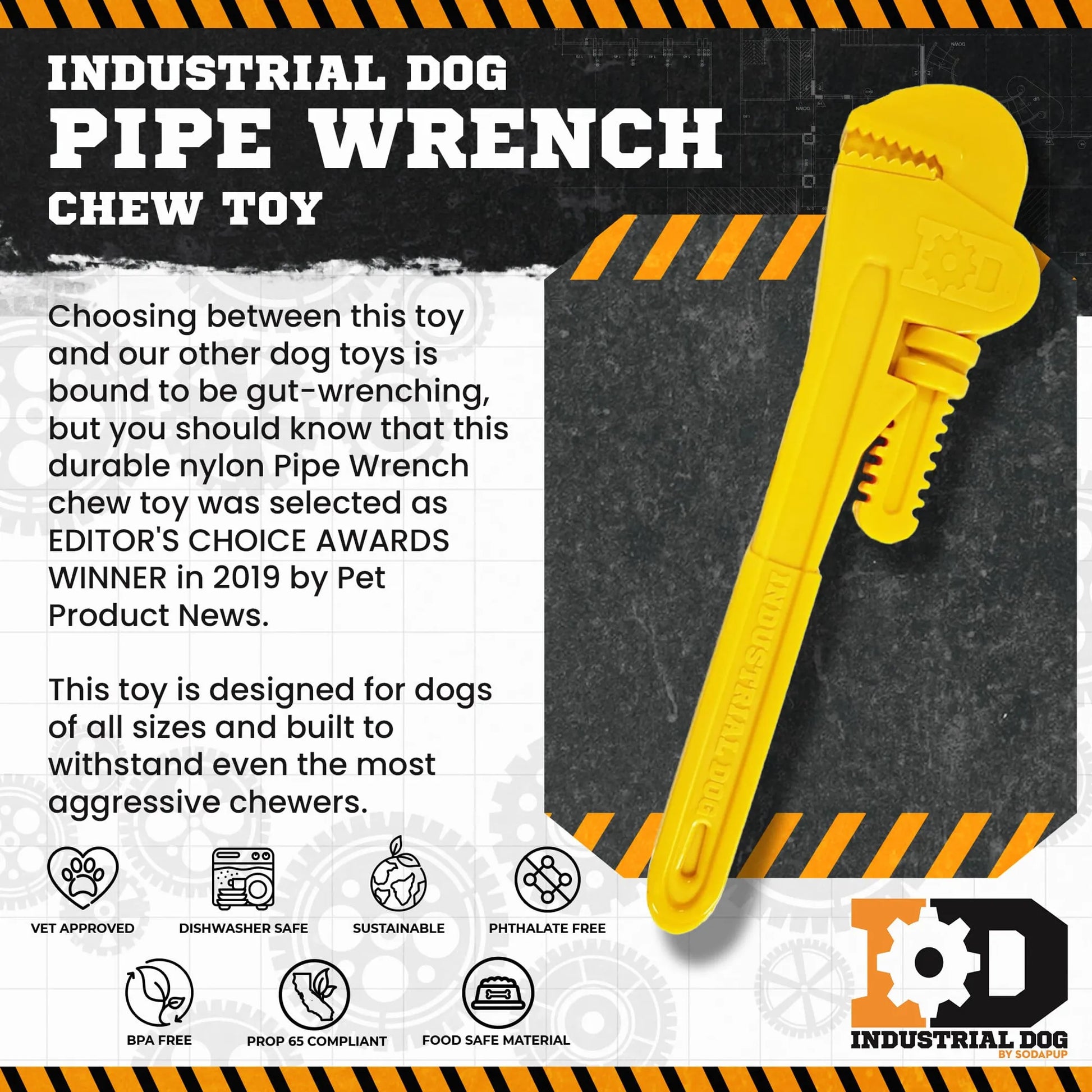 Yellow pipe wrench chew toy with text about durability and features on a black and orange background.