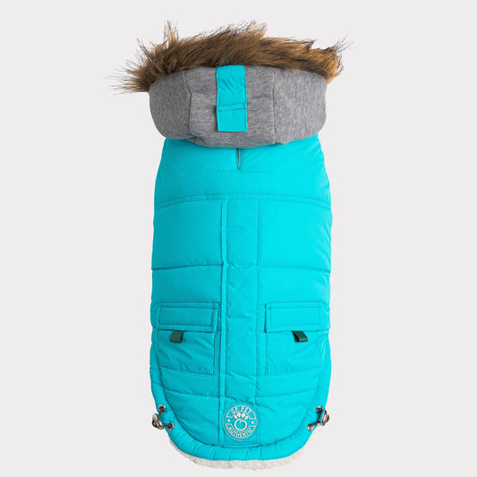 Turquoise dog coat with gray hood and fur trim on a white background