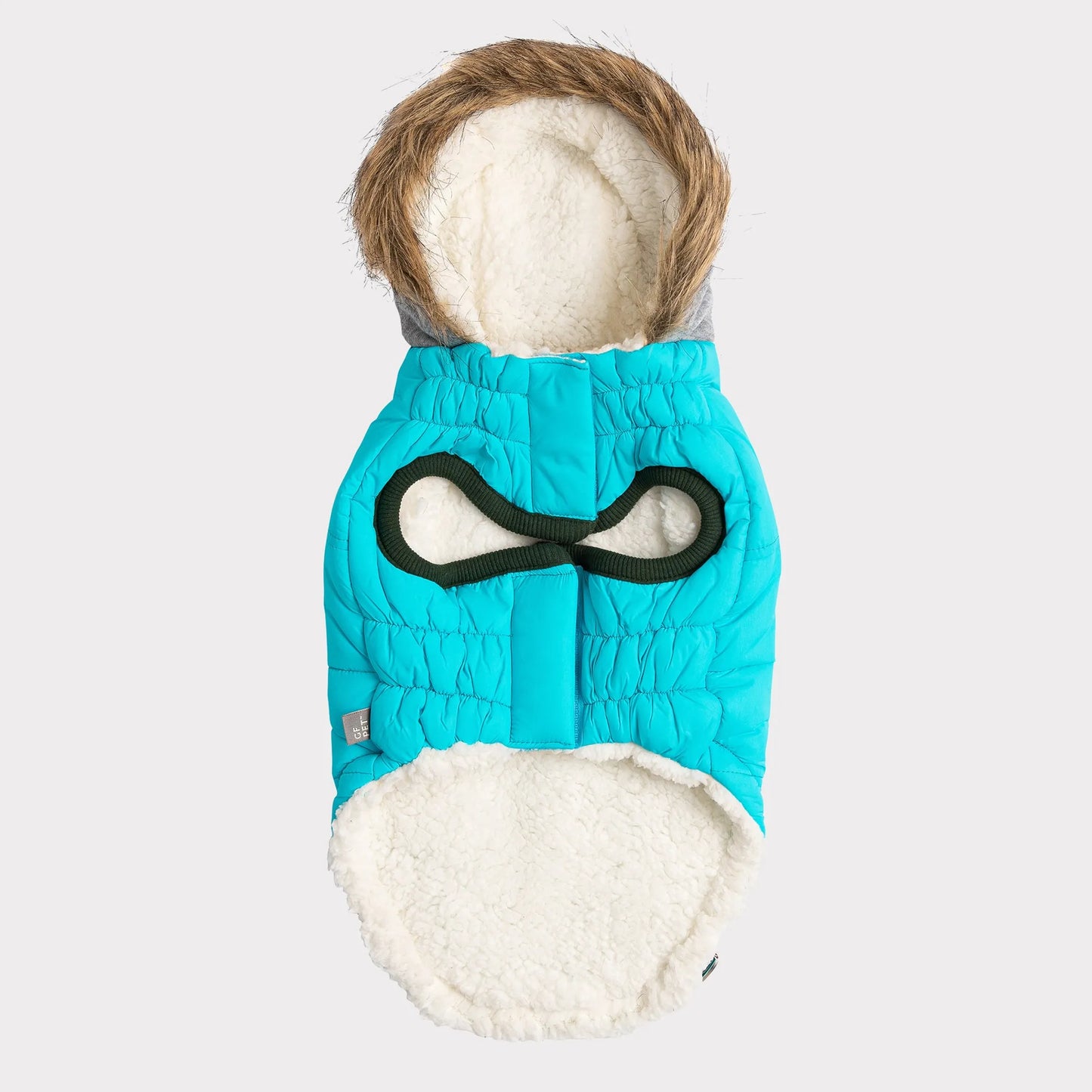 Pet coat with a hood in turquoise and white on a light gray background
