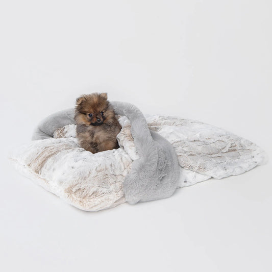 Small dog in a fluffy gray pet bed on a light gray background