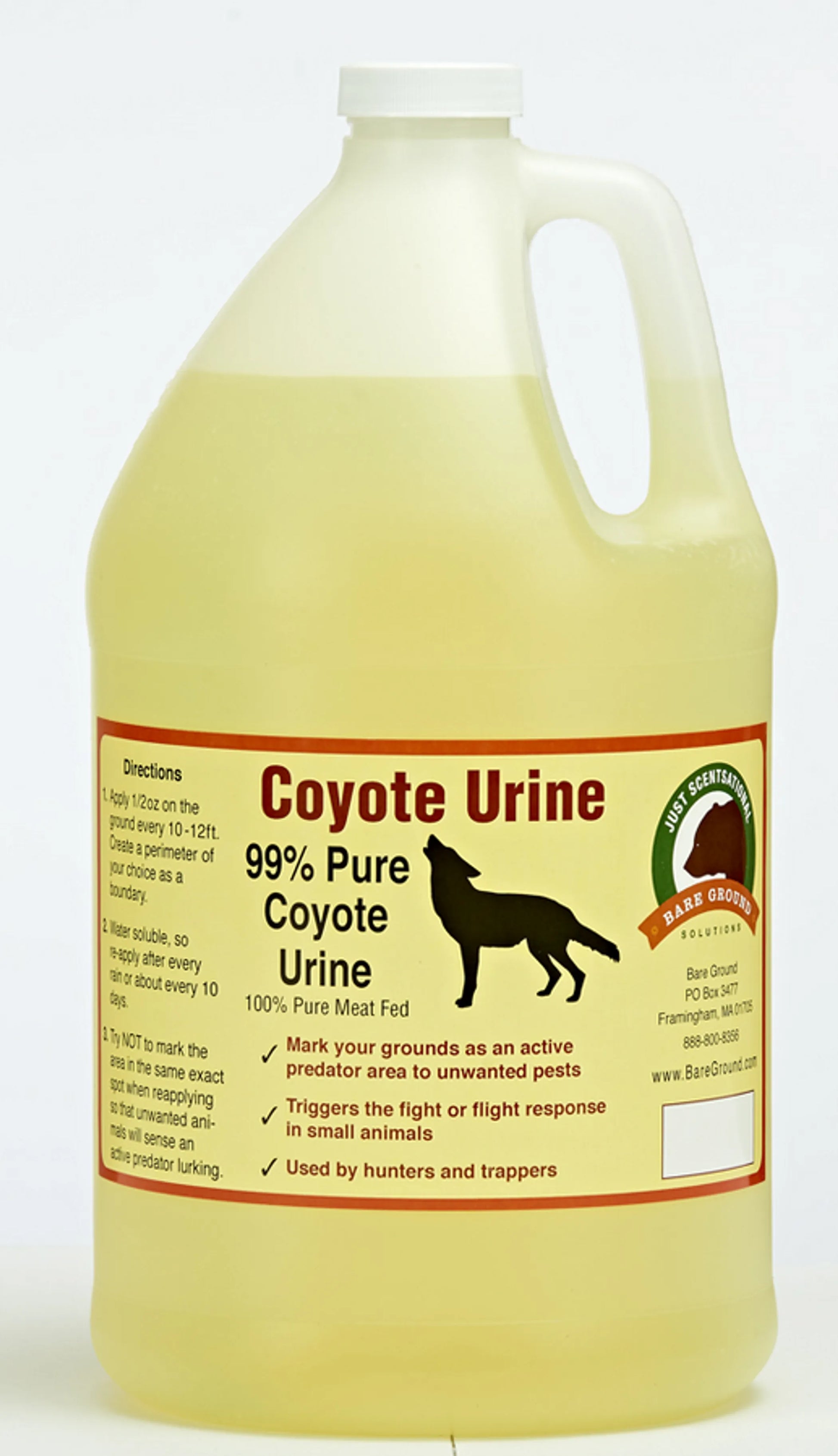 Gallon container of coyote urine with label on a white background