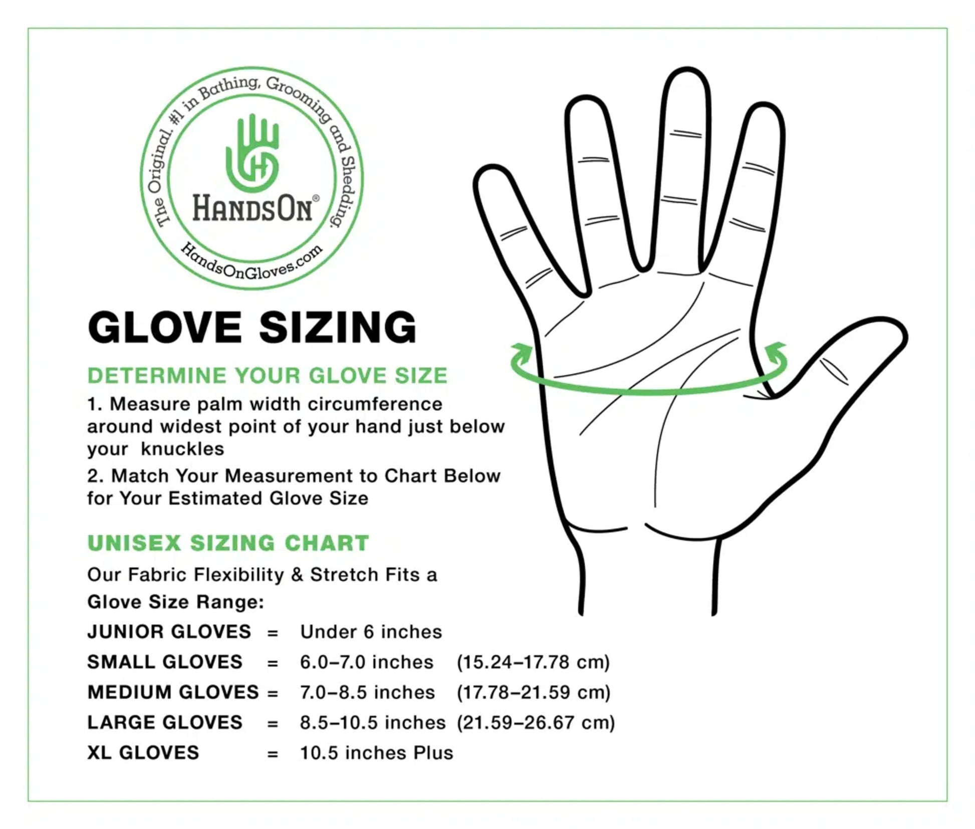 Glove sizing chart with hand illustration and measurement instructions, featuring the HandsOn Gloves brand.