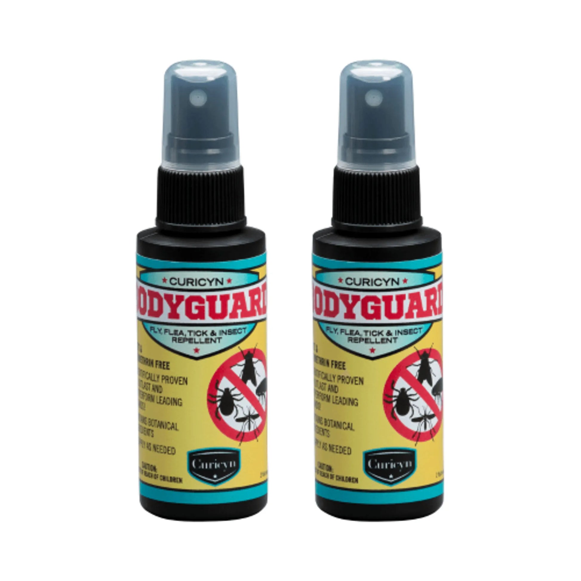 Two bottles of Curicyn Bodyguard insect repellent on a white background