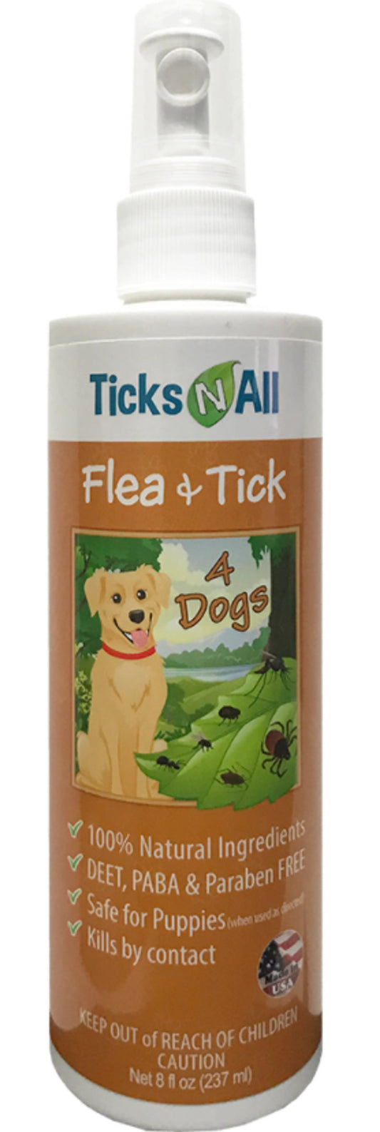 Ticks N All flea and tick spray for dogs on a white background