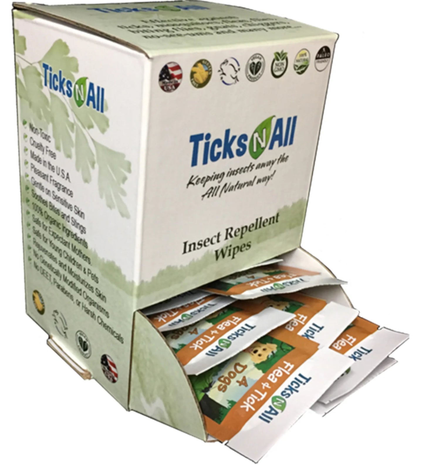 Box of Ticks N All insect repellent wipes with open lid showing packets inside.
