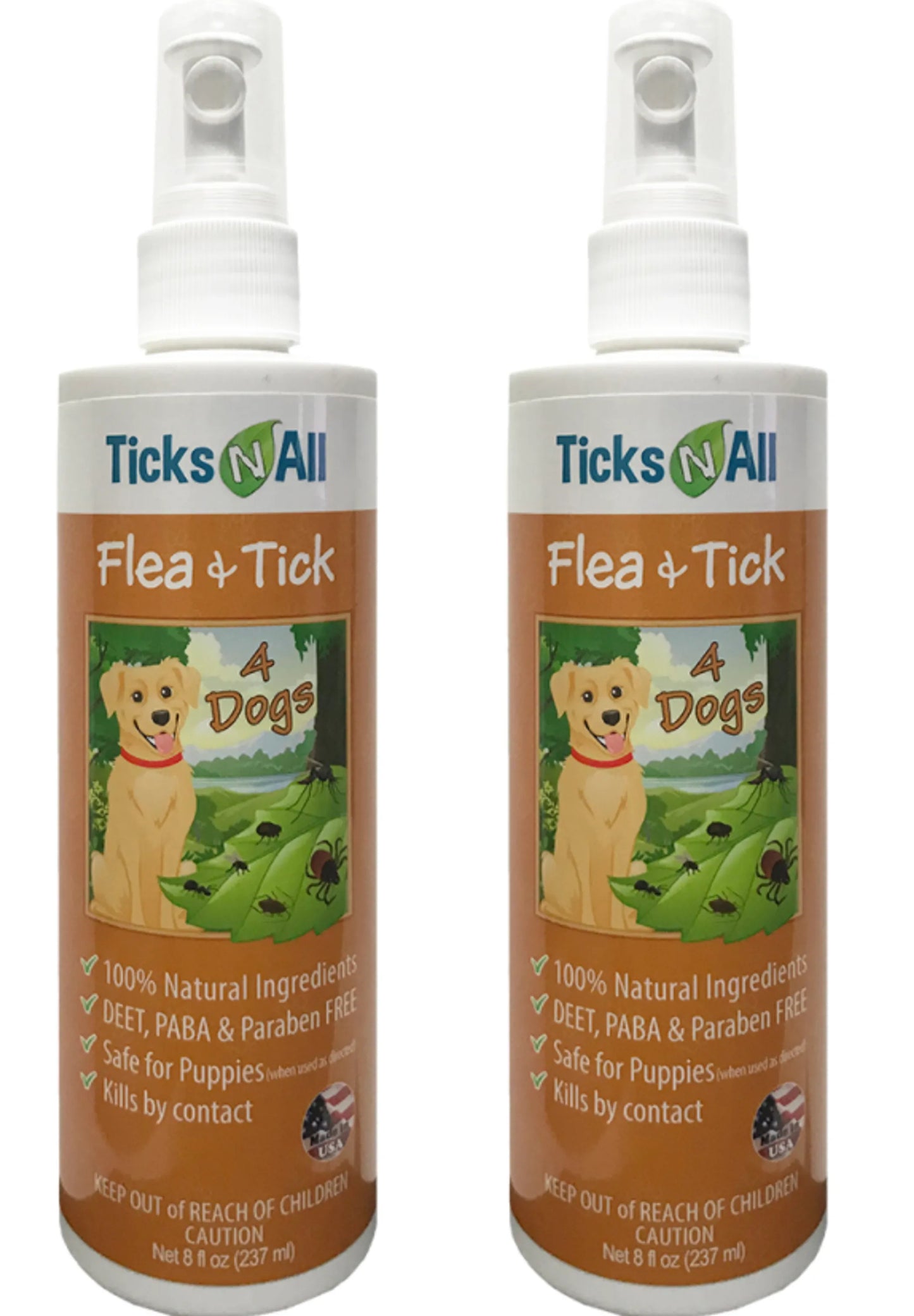Two bottles of Ticks N All Flea & Tick spray for dogs on a white background