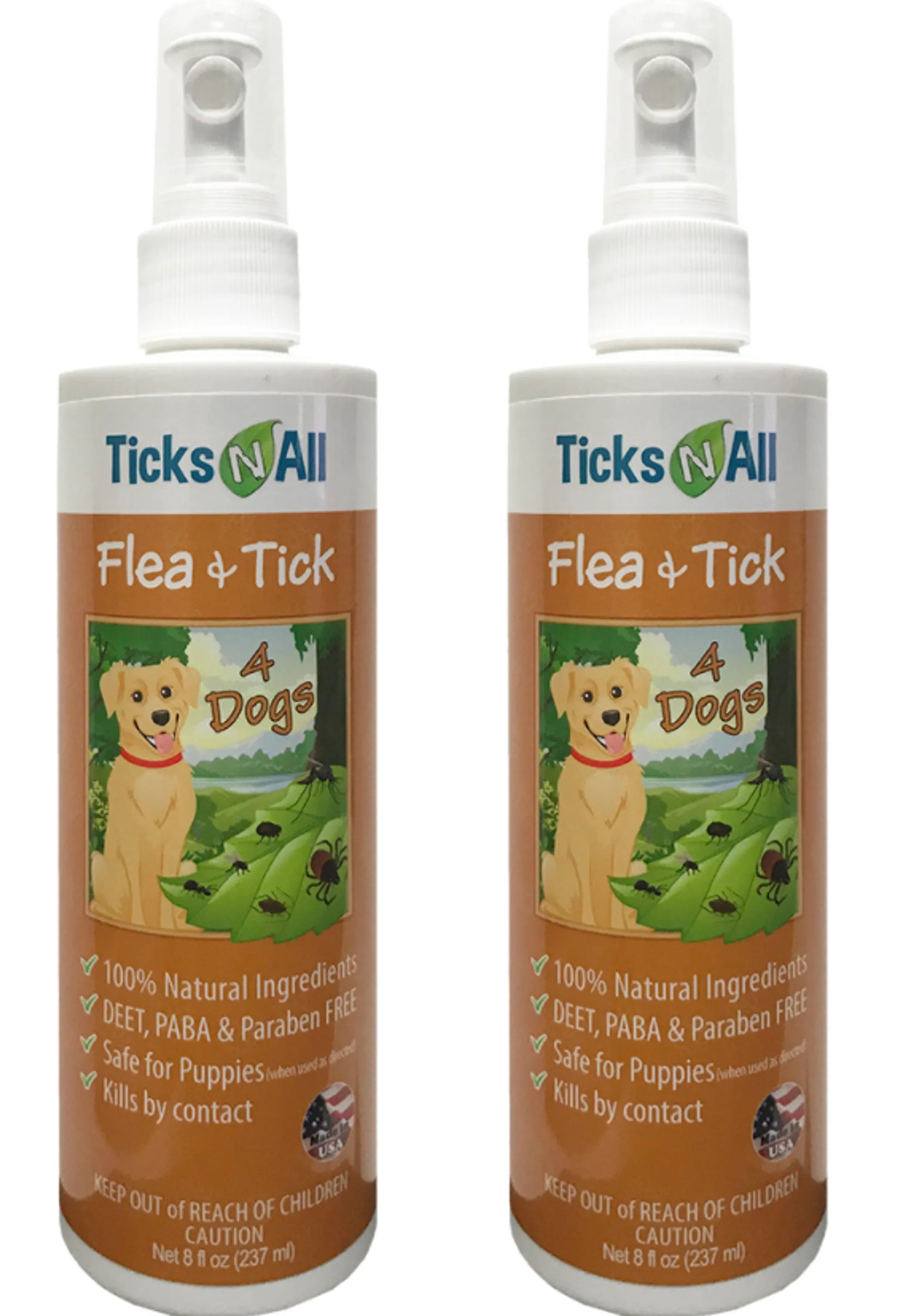 Two bottles of Ticks N All Flea & Tick spray for dogs on a white background