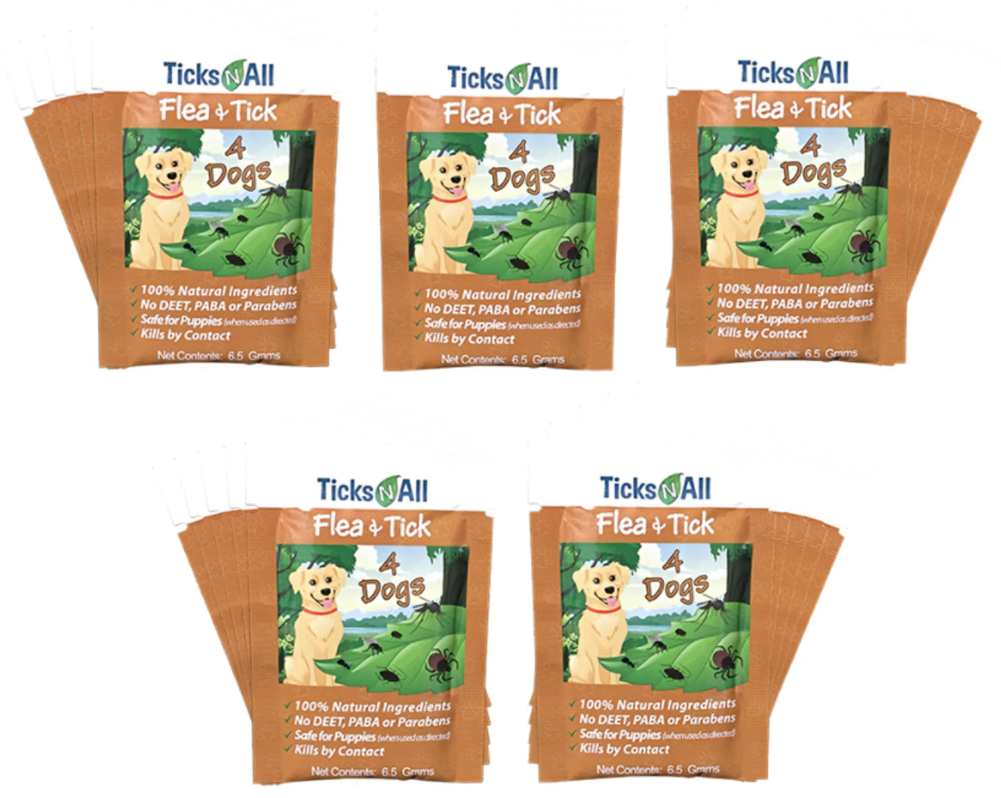Five packages of TicksAll Flea and Tick treatment for dogs on a white background
