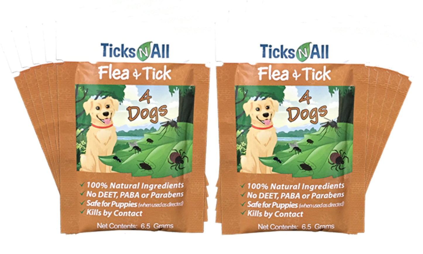 Two packages of Ticks-N-All Flea and Tick treatment for dogs on a white background.