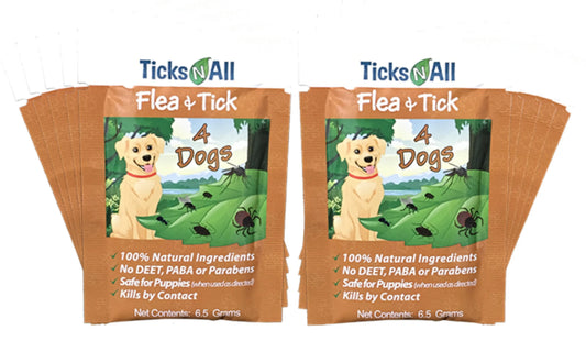 Two packages of Ticks-N-All Flea and Tick treatment for dogs on a white background.
