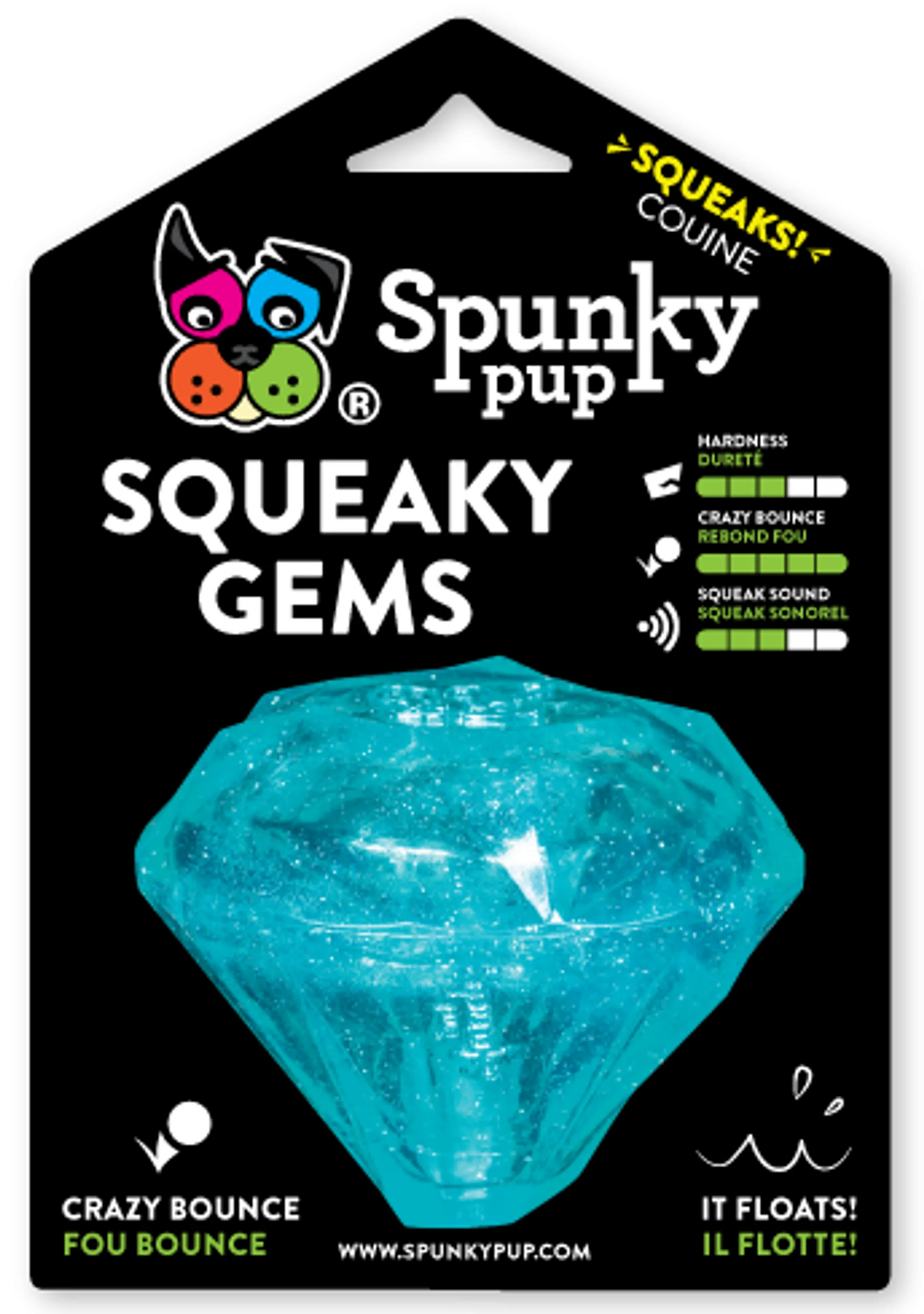 Spunky pup Squeaky Gems packaging with a blue gem on a black background