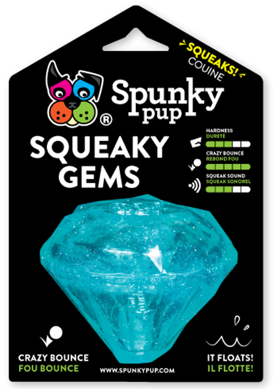 Spunky pup Squeaky Gems packaging with a blue gem on a black background