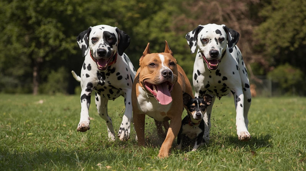 Four dogs, including two Dalmatians and a brown dog with white markings, running on grass.