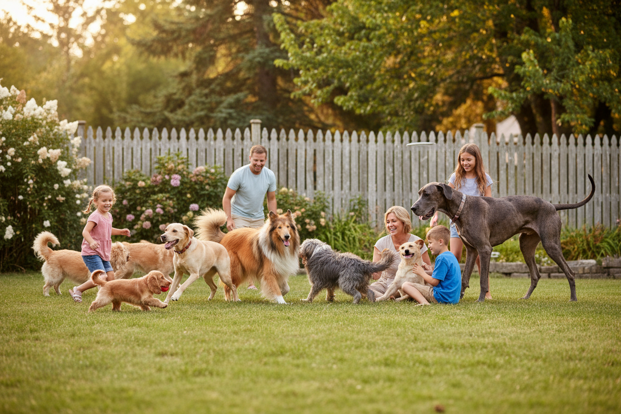 Dogs of all sizes playing with families in backyard